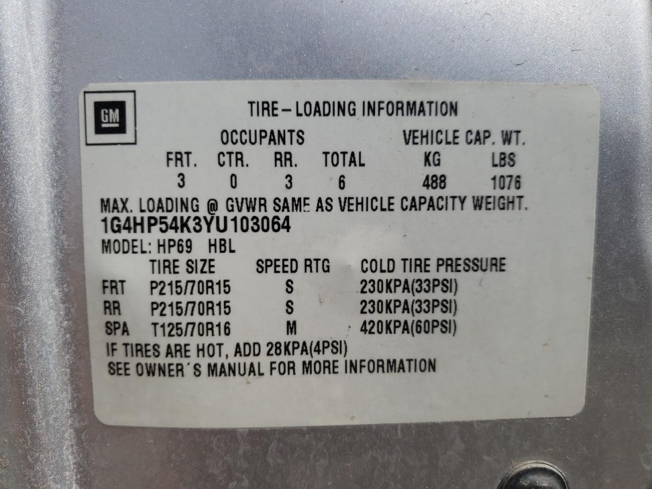 Photo 10 from auction – 2001 BUICK LESABRE CU with VIN 1G4HP54K3YU103064