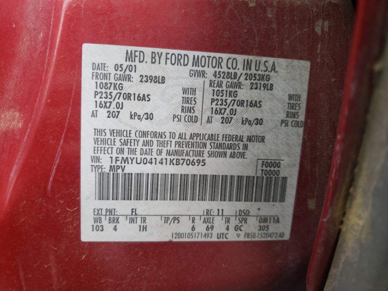 Photo 10 from auction – 2001 FORD ESCAPE XLT with VIN 1FMYU04141KB70695
