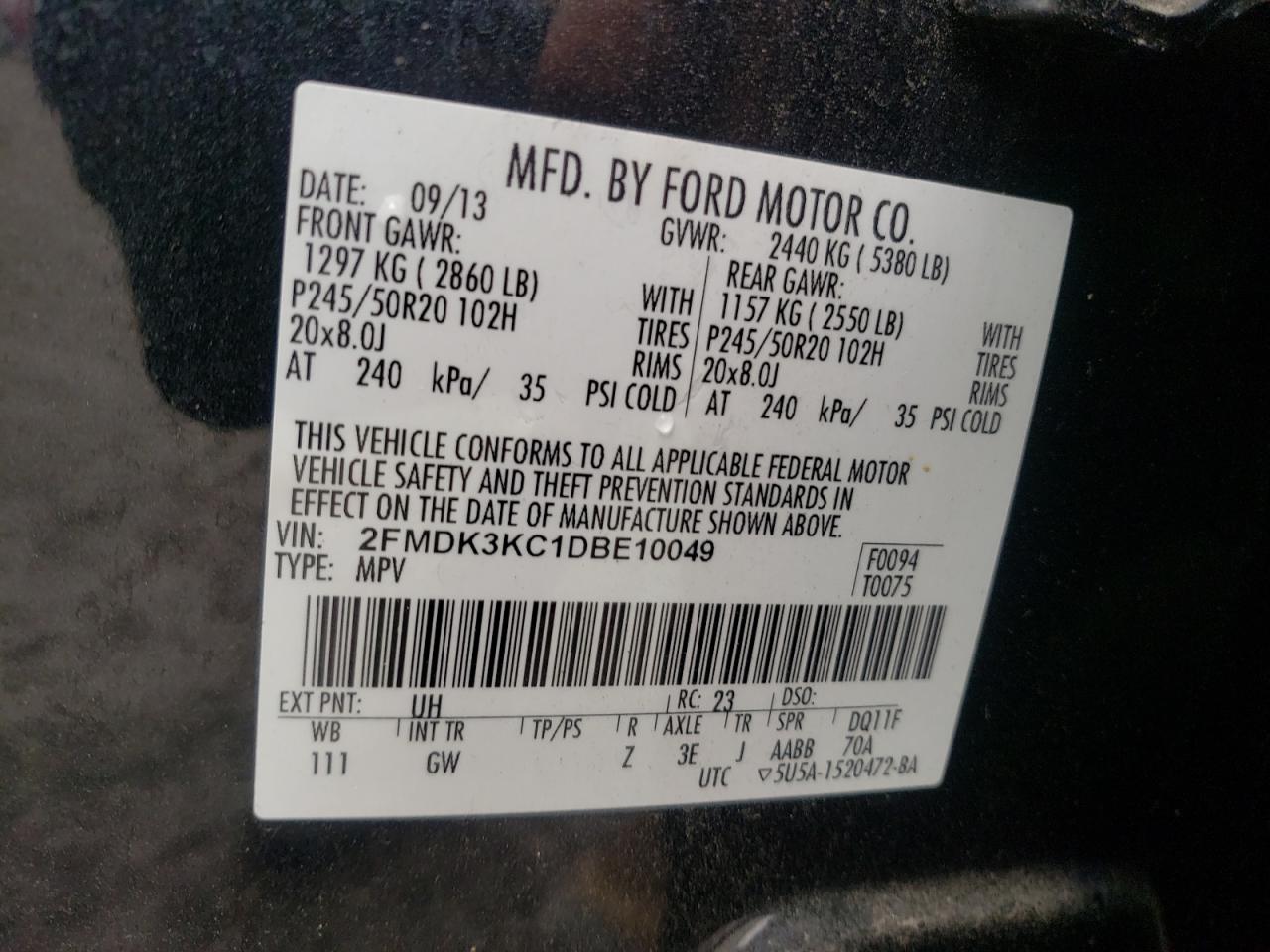 Photo 11 from auction – 2013 FORD EDGE LIMIT with VIN 2FMDK3KC1DBE10049