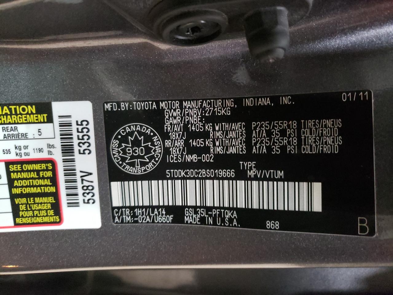 Photo 10 from auction – 2011 TOYOTA SIENNA XLE with VIN 5TDDK3DC2BS019666