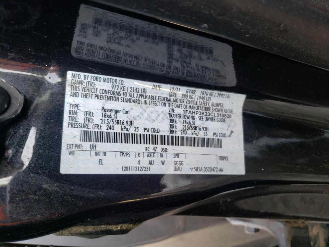 Photo 10 from auction – 2012 FORD FOCUS SE with VIN 1FAHP3K23CL310828