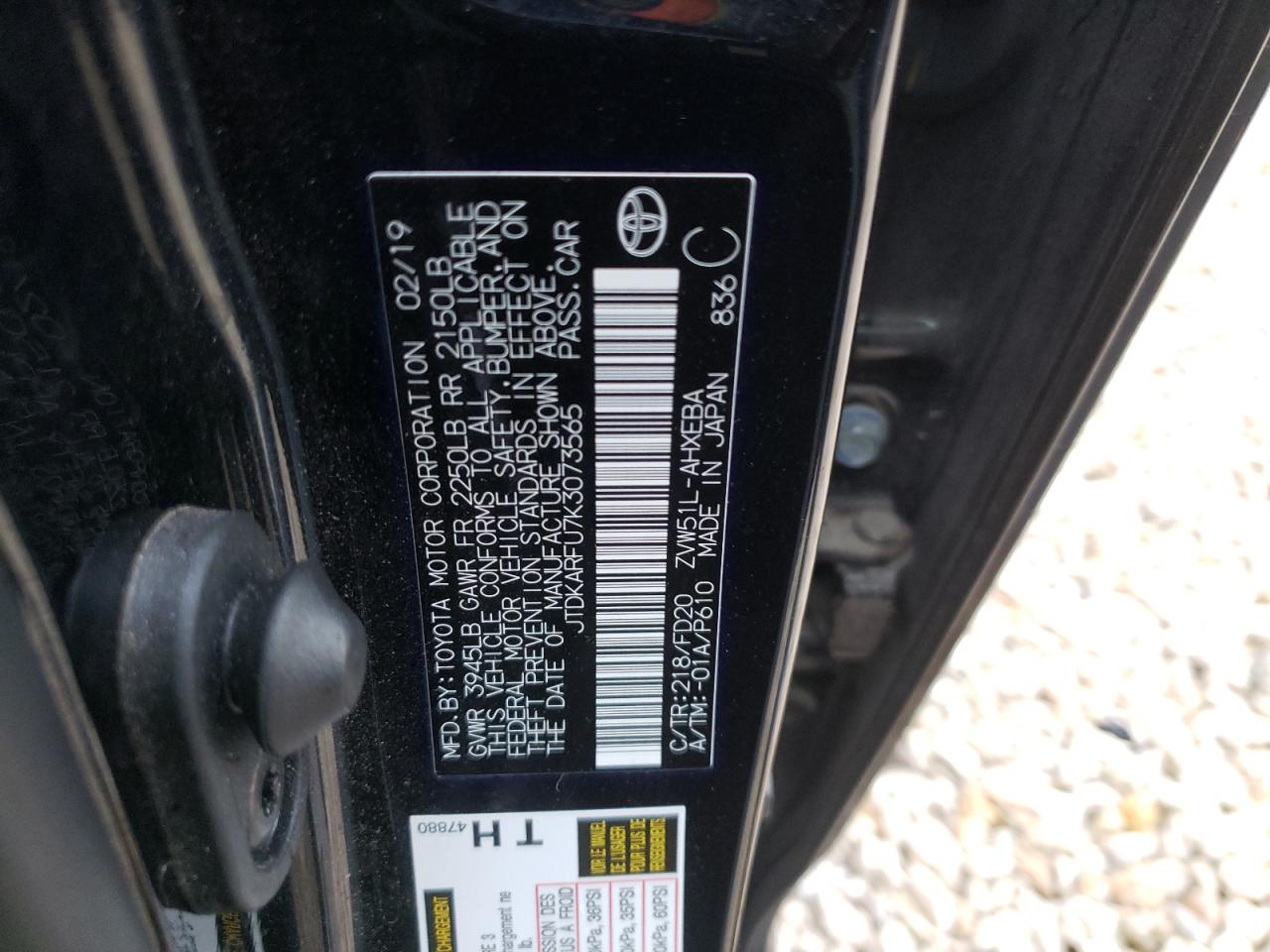Photo 10 from auction – 2019 TOYOTA PRIUS with VIN JTDKARFU7K3073565