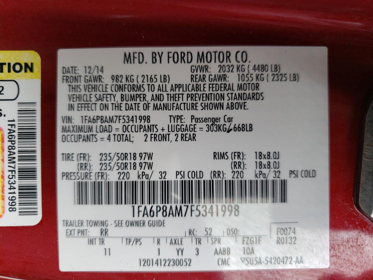 Photo 10 from auction – 2015 FORD MUSTANG with VIN 1FA6P8AM7F5341998