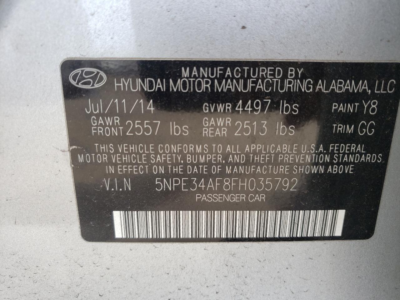 Photo 10 from auction – 2015 HYUNDAI SONATA SPO with VIN 5NPE34AF8FH035792