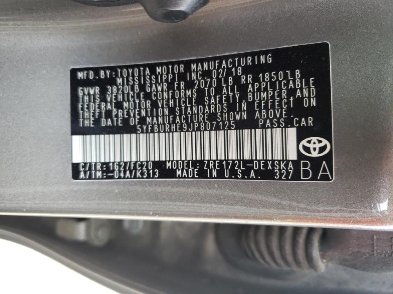 Photo 10 from auction – 2018 TOYOTA COROLLA L with VIN 5YFBURHE9JP807125