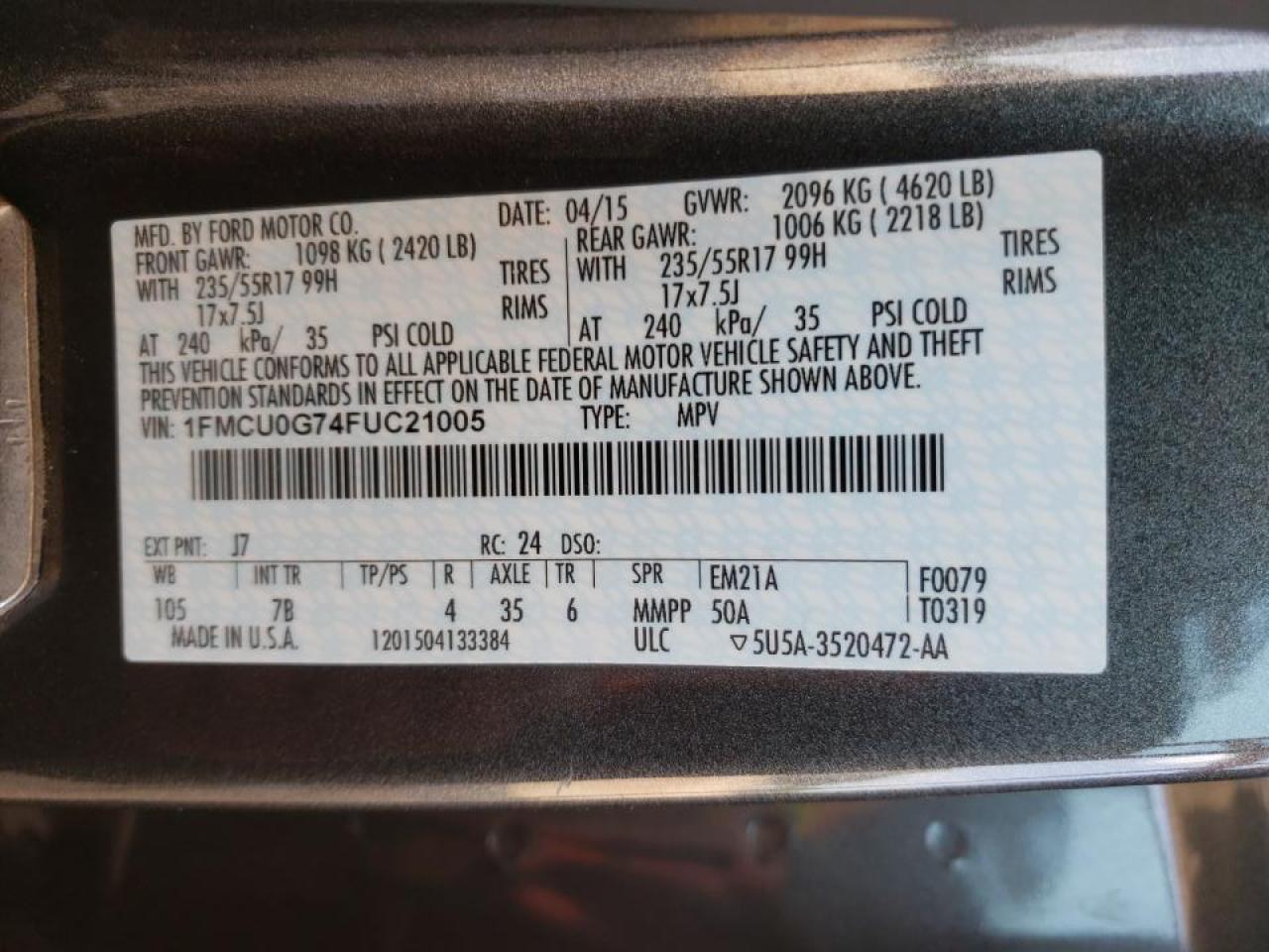 Photo 10 from auction – 2015 FORD ESCAPE SE with VIN 1FMCU0G74FUC21005