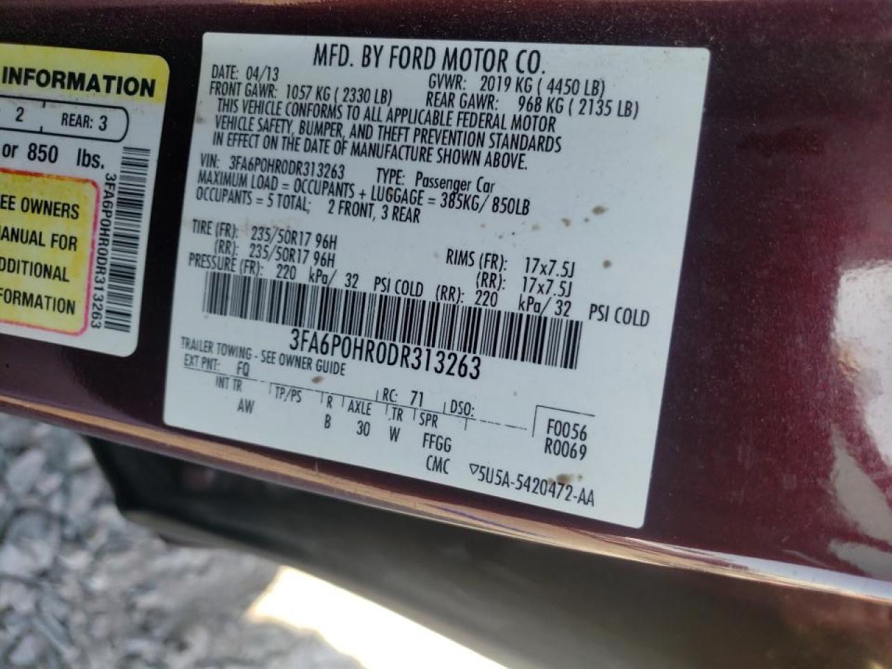 Photo 10 from auction – 2013 FORD FUSION SE with VIN 3FA6P0HR0DR313263