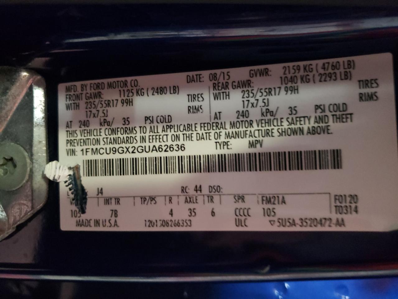 Photo 10 from auction – 2016 FORD ESCAPE SE with VIN 1FMCU9GX2GUA62636