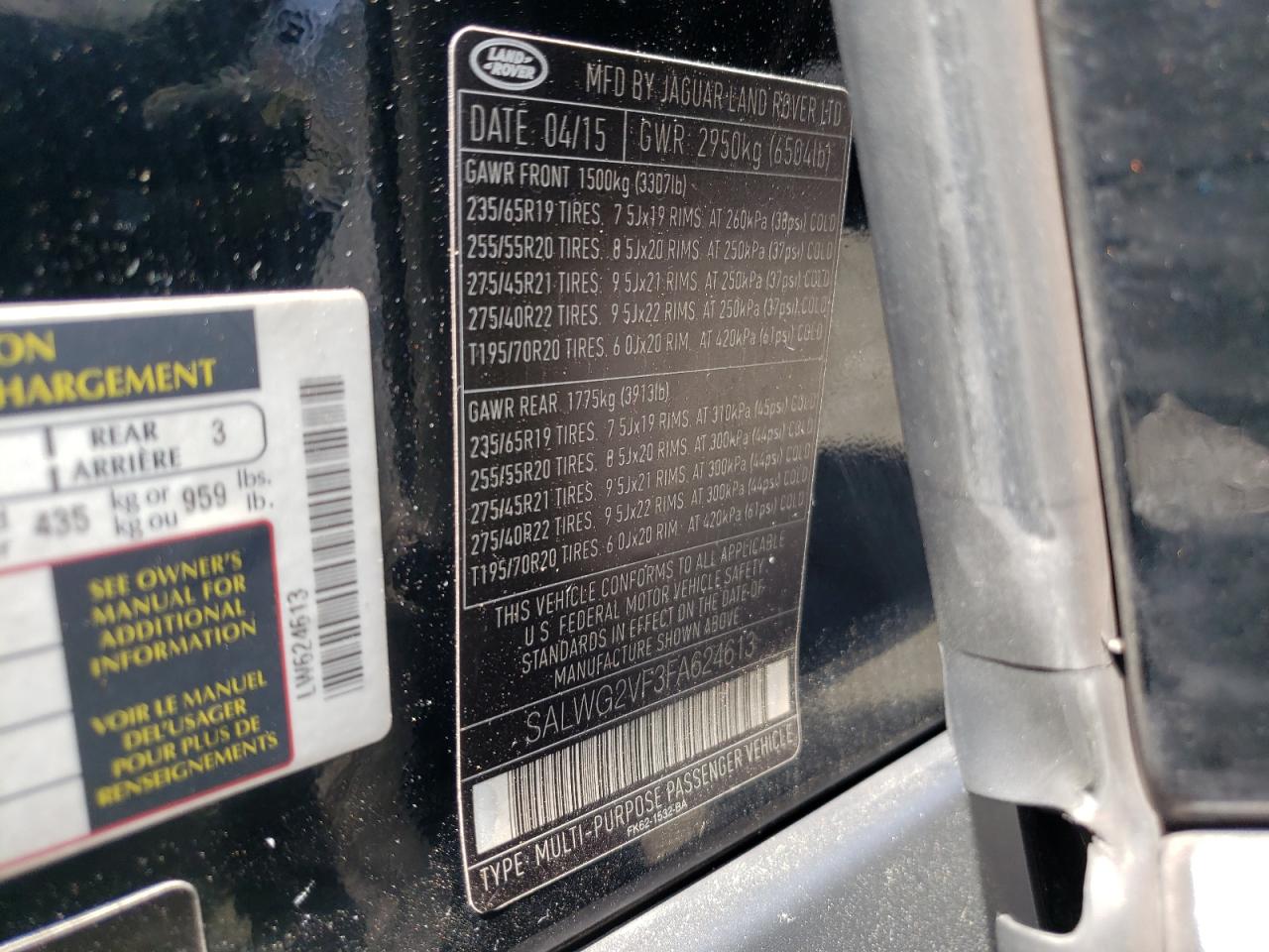 Photo 10 from auction – 2015 LAND ROVER RANGE ROVE with VIN SALWG2VF3FA624613