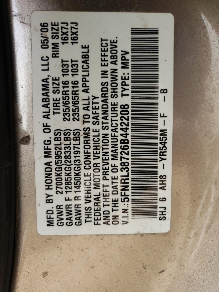 Photo 10 from auction – 2006 HONDA ODYSSEY EX with VIN 5FNRL38726B442208
