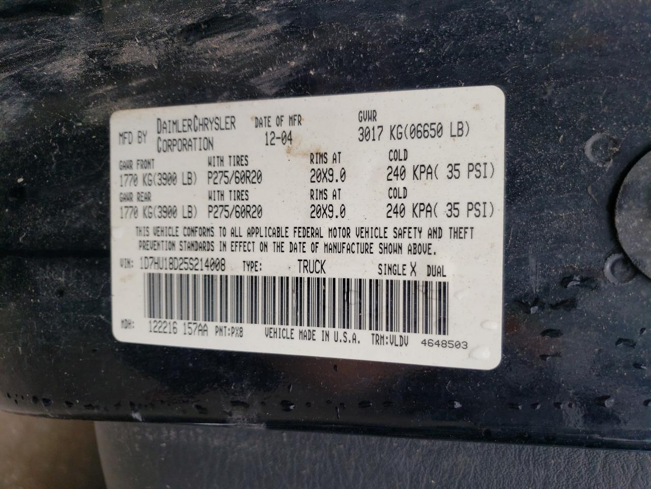 Photo 10 from auction – 2005 DODGE RAM 1500 S with VIN 1D7HU18D25S214008