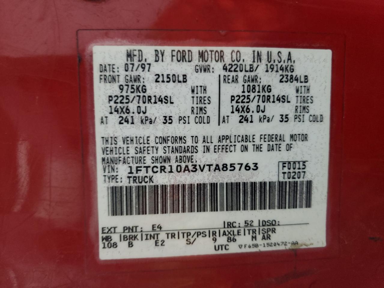 Photo 10 from auction – 1997 FORD RANGER with VIN 1FTCR10A3VTA85763