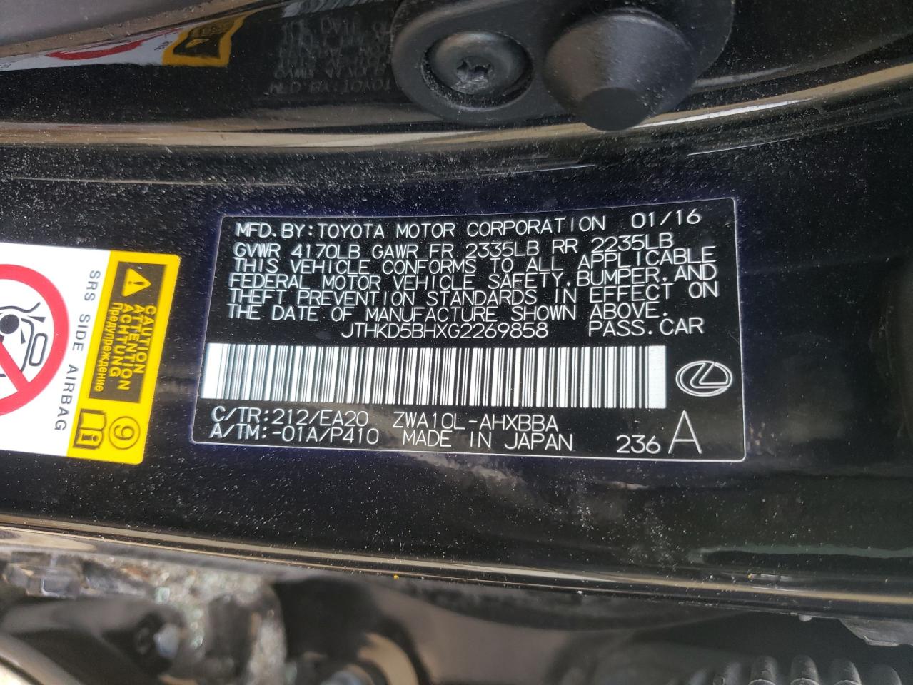 Photo 10 from auction – 2016 LEXUS CT 200 with VIN JTHKD5BHXG2269858