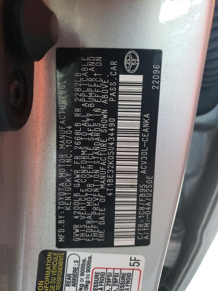 Photo 10 from auction – 2005 TOYOTA CAMRY LE with VIN 4T1BE32K05U434490