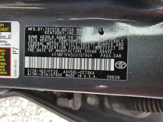 Photo 10 from auction – 2012 TOYOTA CAMRY BASE with VIN 4T1BF1FK5CU107804