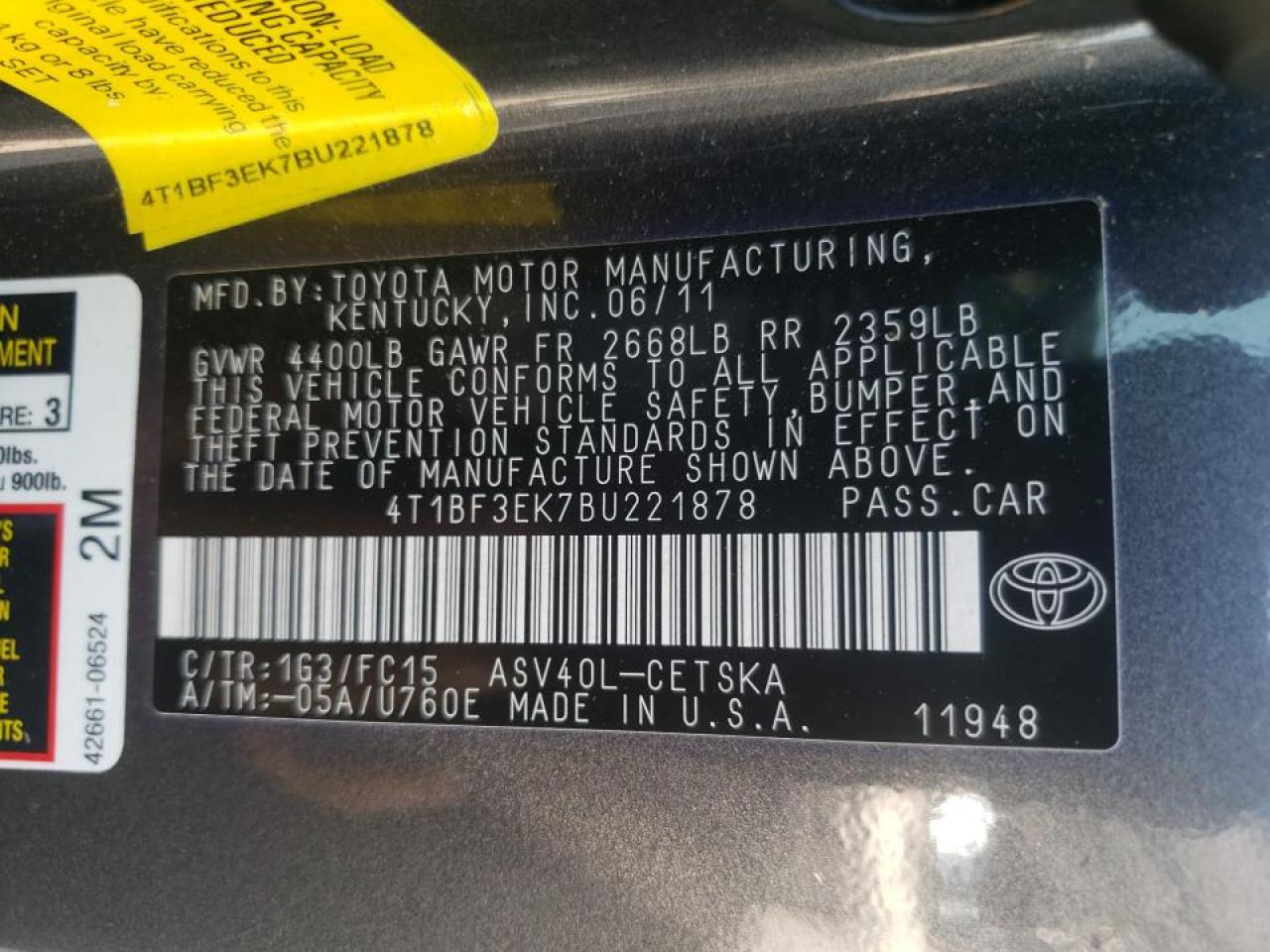 Photo 10 from auction – 2011 TOYOTA CAMRY BASE with VIN 4T1BF3EK7BU221878