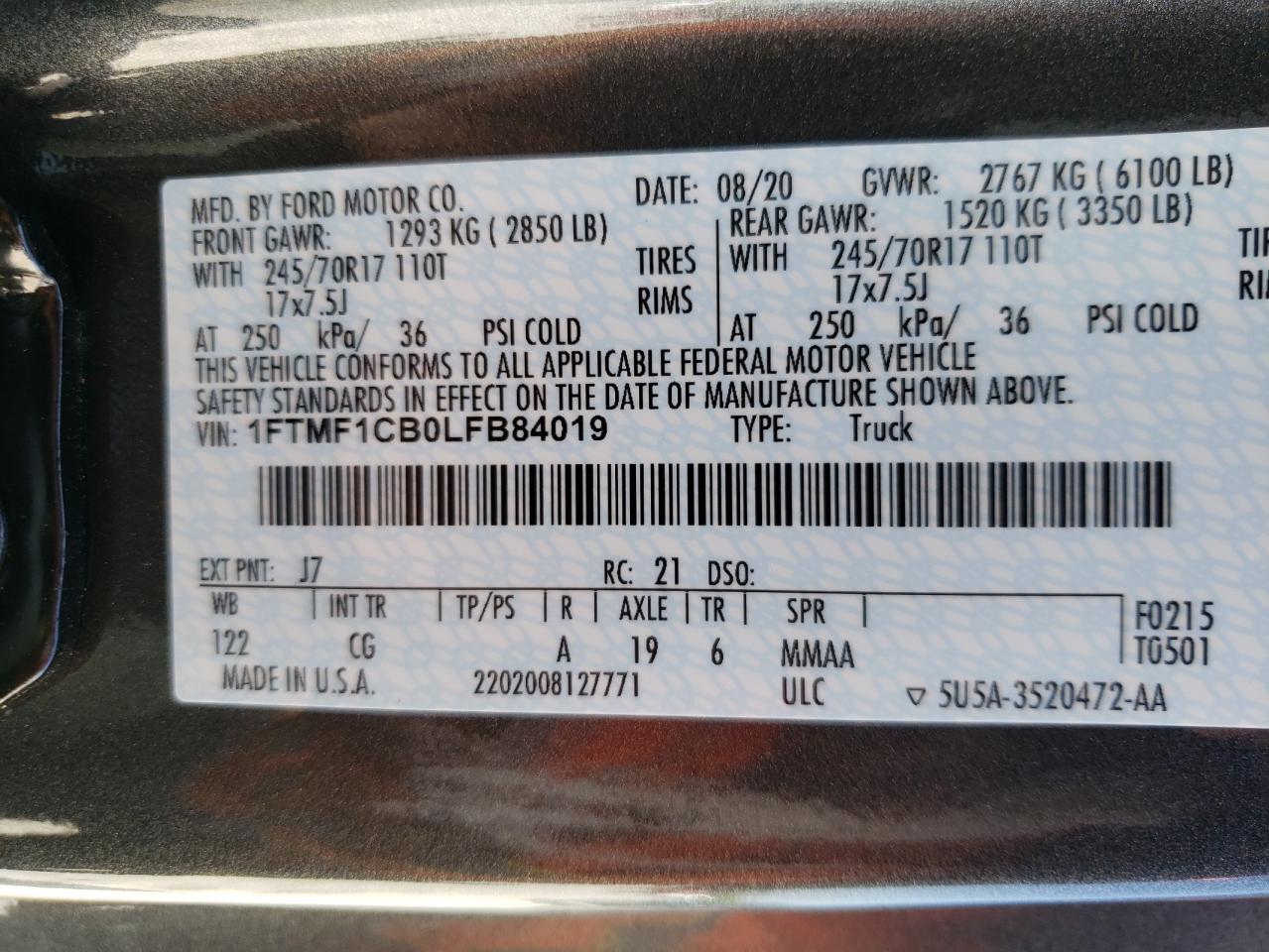 Photo 10 from auction – 2020 FORD F150 with VIN 1FTMF1CB0LFB84019