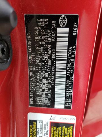 Photo 10 from auction – 2012 TOYOTA CAMRY BASE with VIN 4T1BF1FK0CU518060