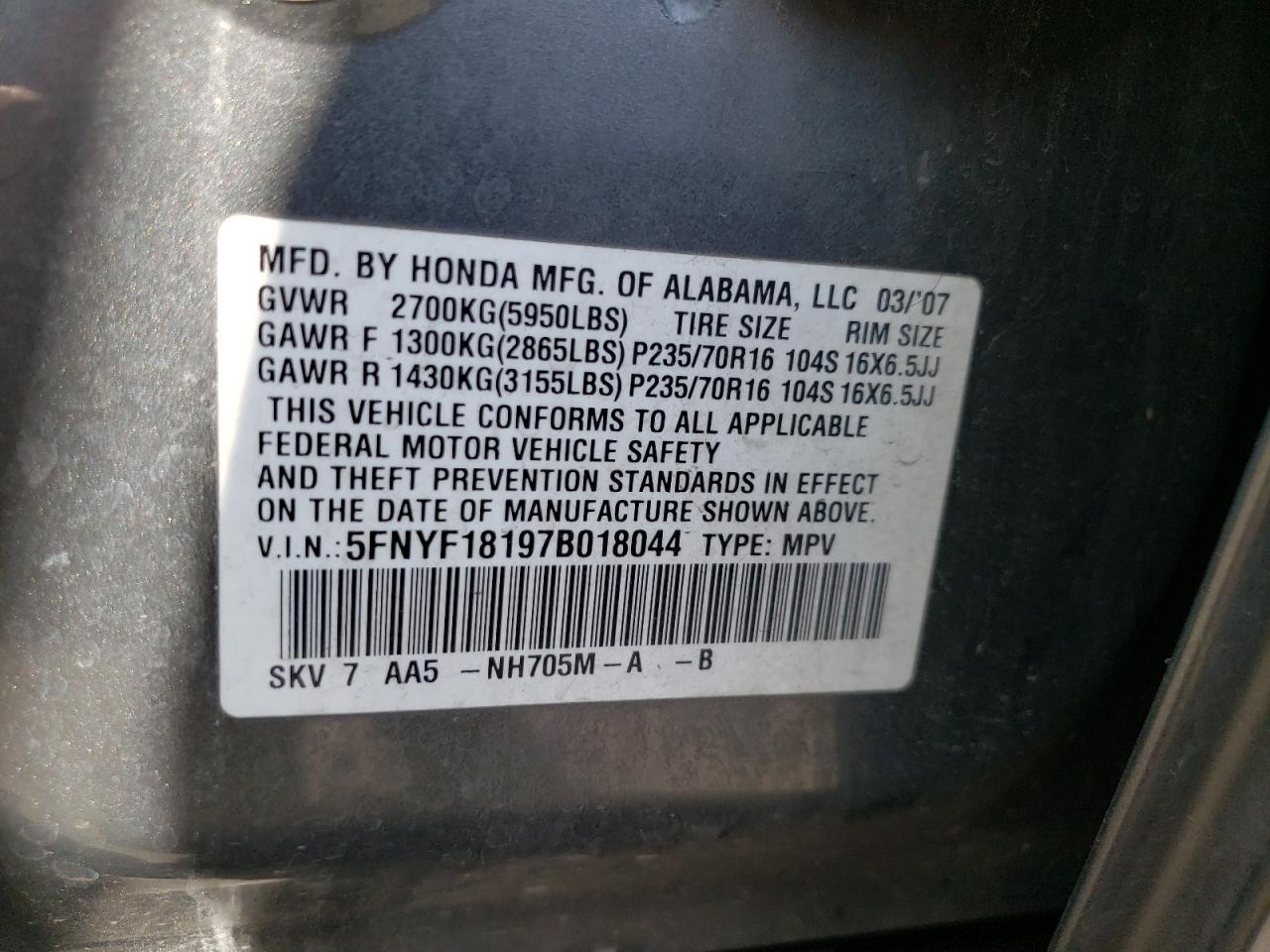 Photo 10 from auction – 2007 HONDA PILOT LX with VIN 5FNYF18197B018044