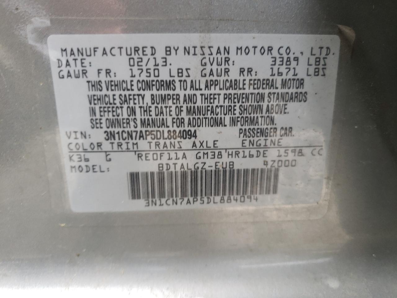 Photo 10 from auction – 2013 NISSAN VERSA S with VIN 3N1CN7AP5DL884094