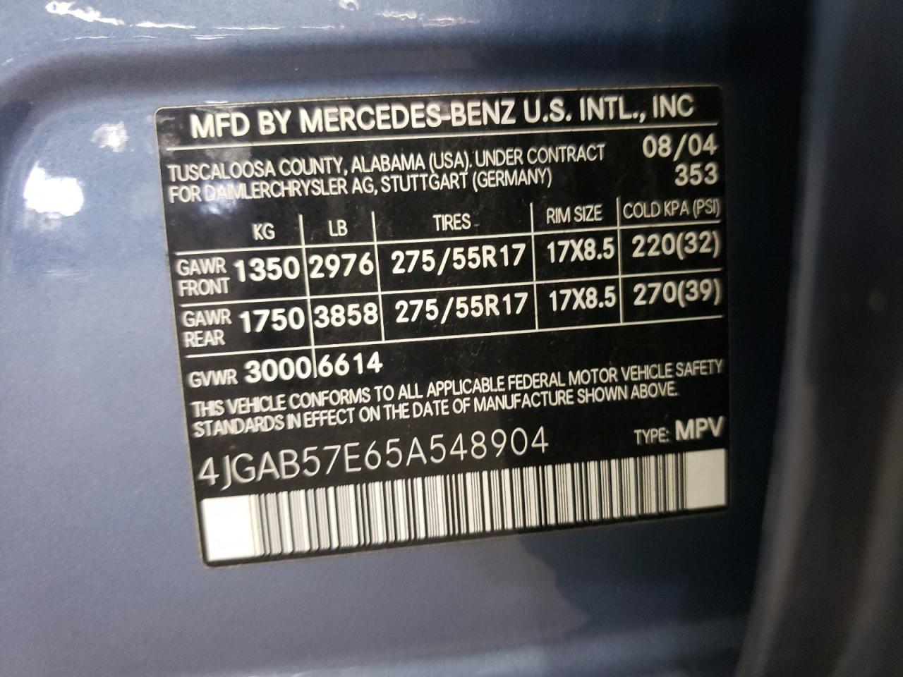 Photo 10 from auction – 2005 MERCEDES-BENZ ML-CLASS with VIN 4JGAB57E65A548904