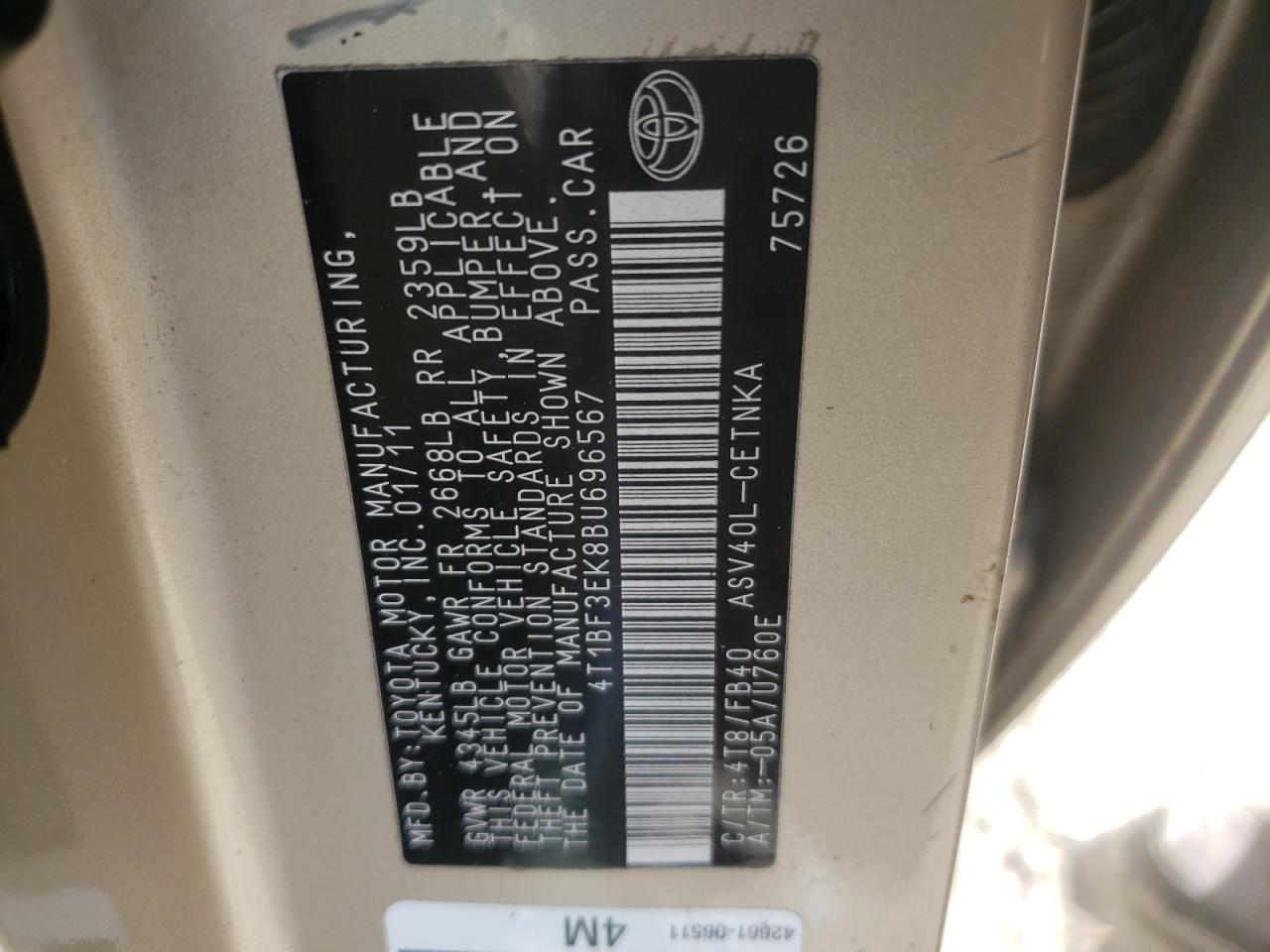 Фото 10 с аукциона – 2011 TOYOTA CAMRY BASE с VIN 4T1BF3EK8BU696567