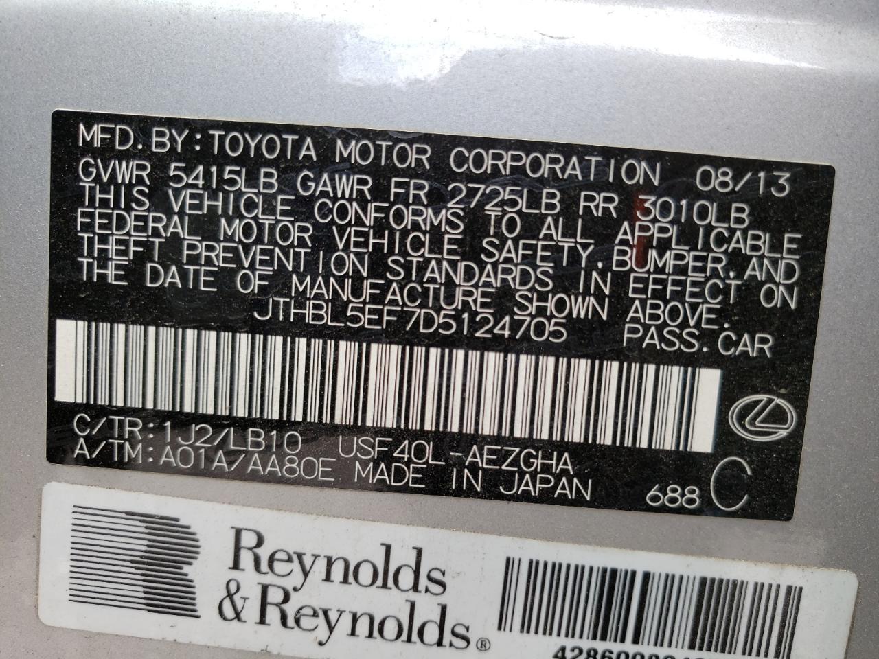 Photo 10 from auction – 2013 LEXUS LS 460 with VIN JTHBL5EF7D5124705