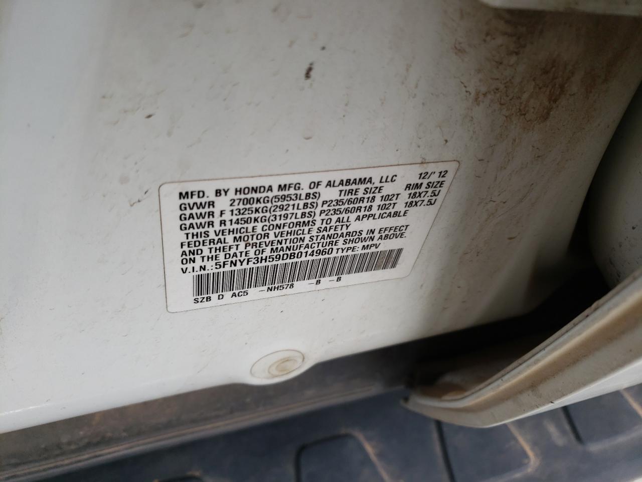 Photo 10 from auction – 2013 HONDA PILOT EXL with VIN 5FNYF3H59DB014960