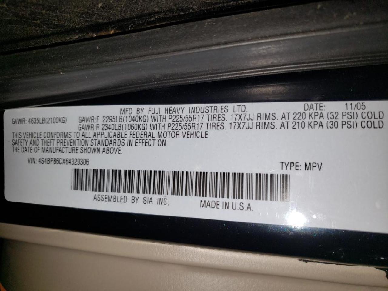 Photo 10 from auction – 2006 SUBARU LEGACY OUT with VIN 4S4BP86CX64329306