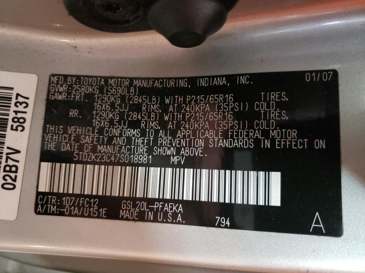 Photo 10 from auction – 2007 TOYOTA SIENNA CE with VIN 5TDZK23C47S018981