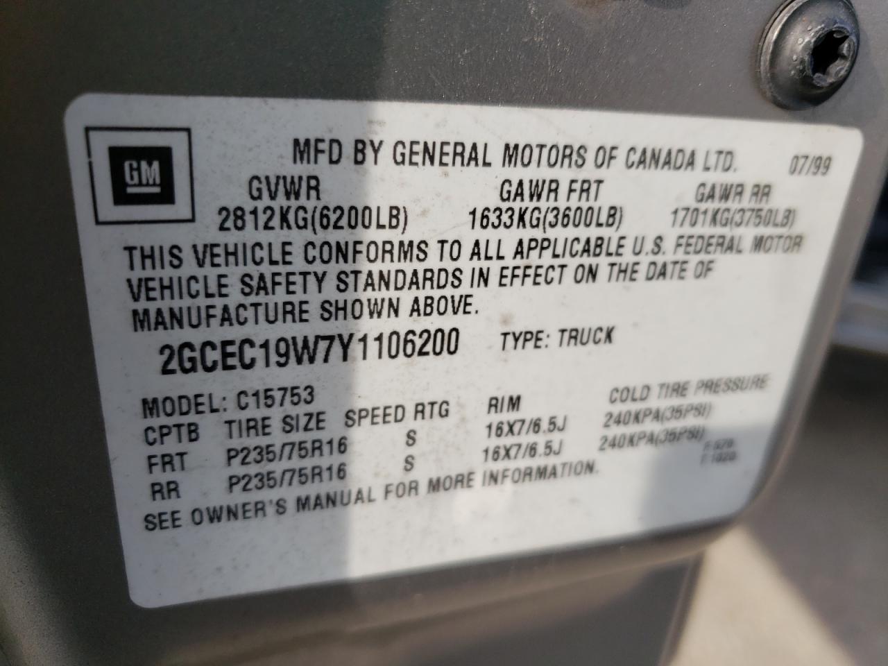 Photo 10 from auction – 2000 CHEVROLET SILVERADO with VIN 2GCEC19W7Y1106200