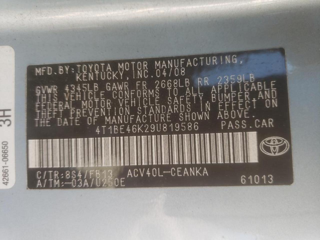 Photo 10 from auction – 2009 TOYOTA CAMRY BASE with VIN 4T1BE46K29U819586