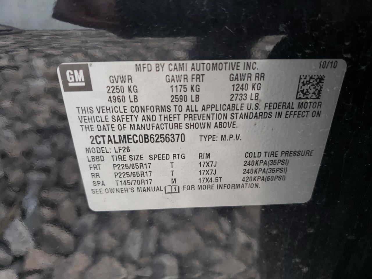 Photo 10 from auction – 2011 GMC TERRAIN SL with VIN 2CTALMEC0B6256370