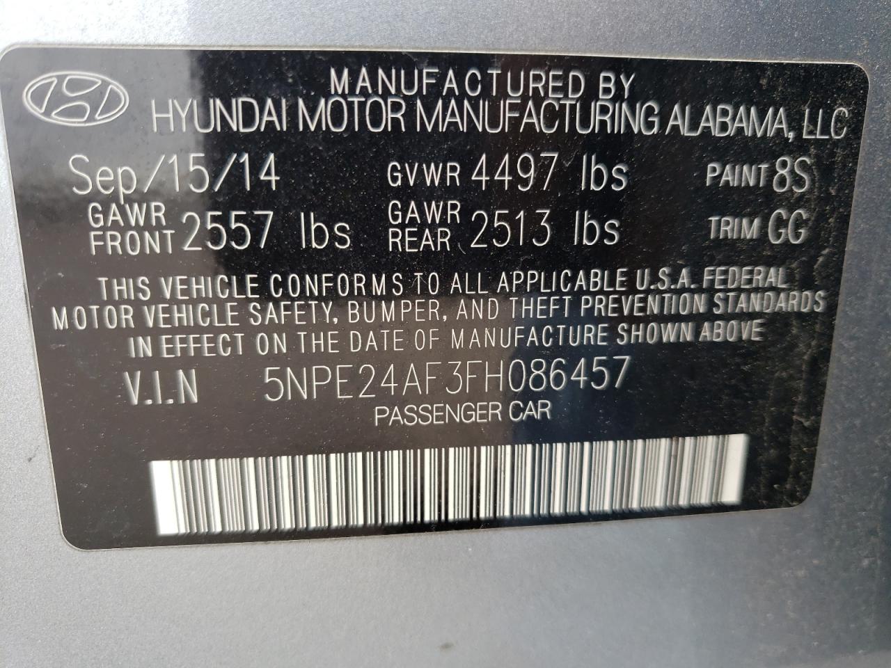 Photo 10 from auction – 2015 HYUNDAI SONATA SE with VIN 5NPE24AF3FH086457