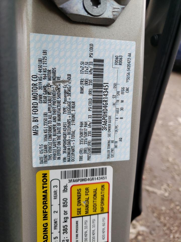 Photo 10 from auction – 2016 FORD FUSION SE with VIN 3FA6P0HD4GR143451