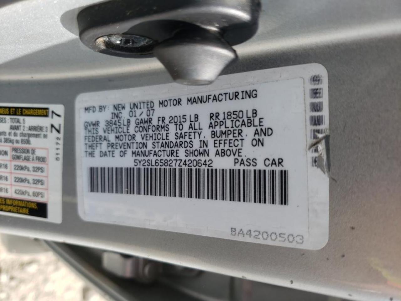 Photo 10 from auction – 2007 PONTIAC VIBE with VIN 5Y2SL65827Z420642