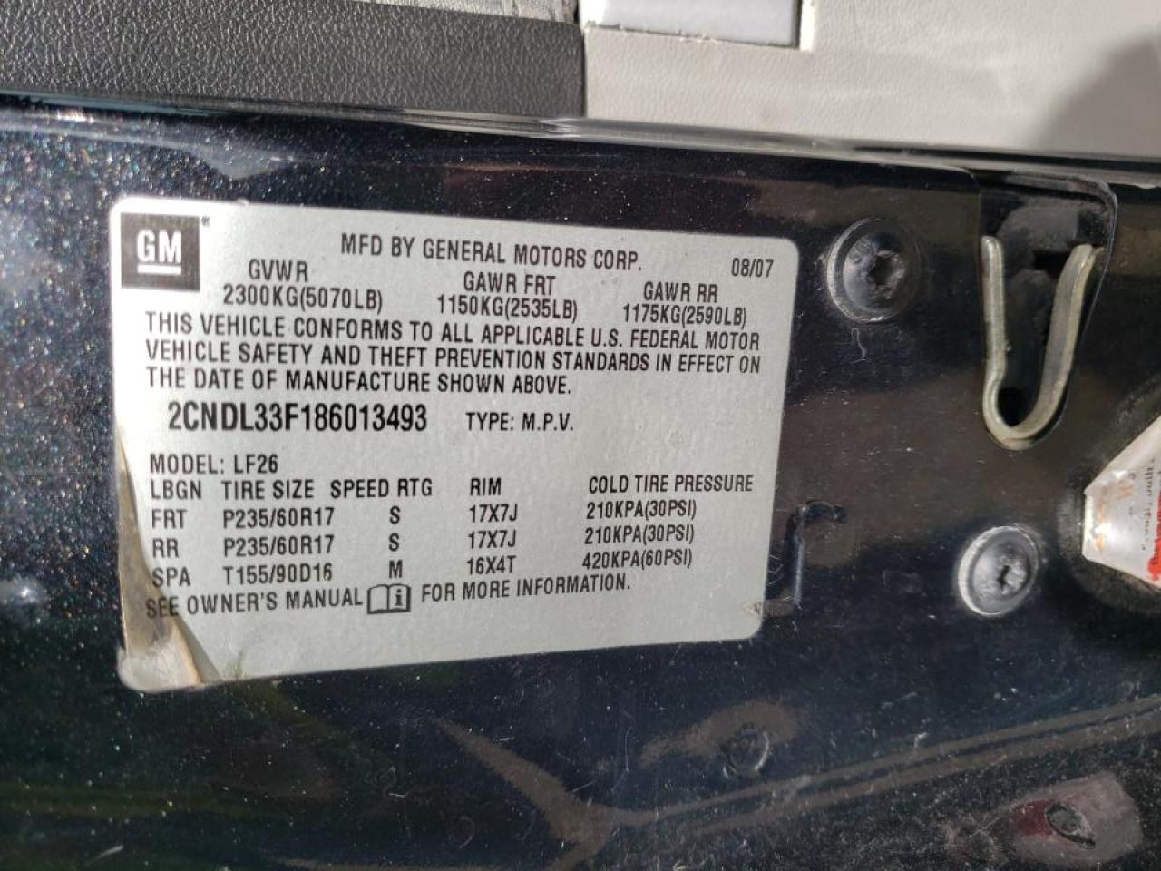 Photo 10 from auction – 2008 CHEVROLET EQUINOX LT with VIN 2CNDL33F186013493