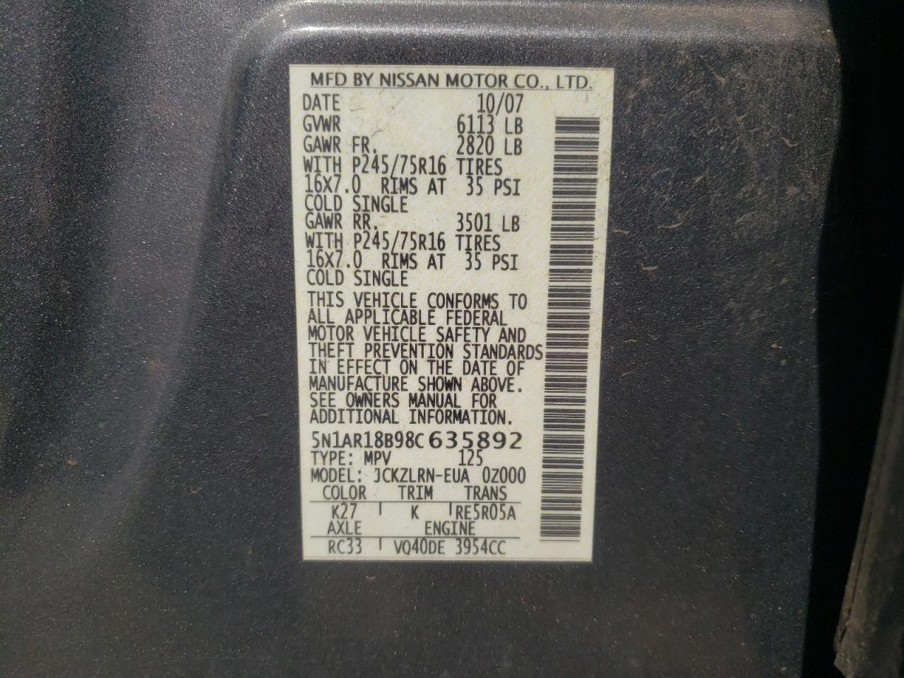 Photo 10 from auction – 2008 NISSAN PATHFINDER with VIN 5N1AR18B98C635892