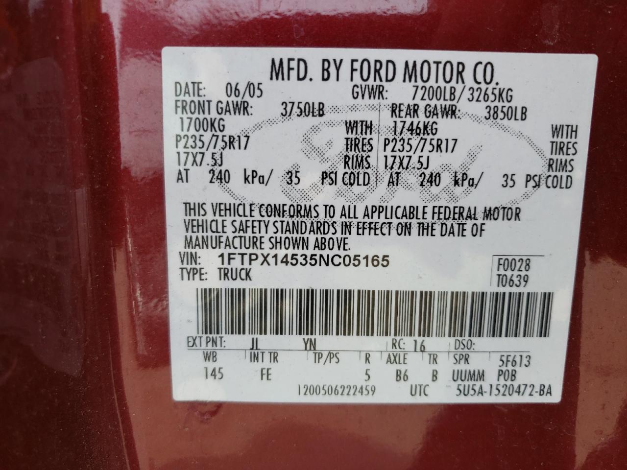 Photo 10 from auction – 2005 FORD F150 with VIN 1FTPX14535NC05165