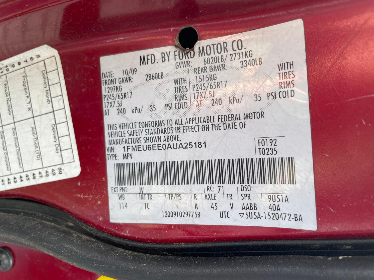 Photo 10 from auction – 2010 FORD EXPLORER E with VIN 1FMEU6EE0AUA25181