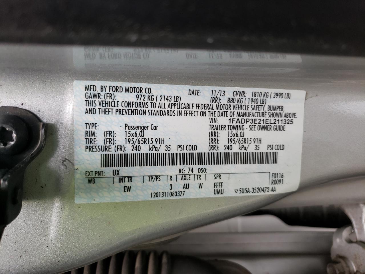 Photo 10 from auction – 2014 FORD FOCUS S with VIN 1FADP3E21EL211325