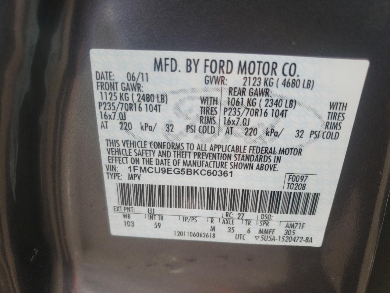 Photo 10 from auction – 2011 FORD ESCAPE LIM with VIN 1FMCU9EG5BKC60361
