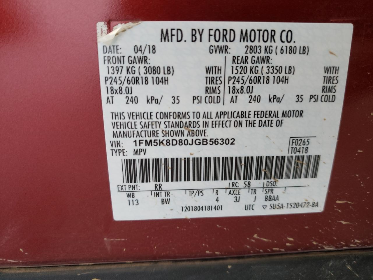 Photo 10 from auction – 2018 FORD EXPLORER X with VIN 1FM5K8D80JGB56302