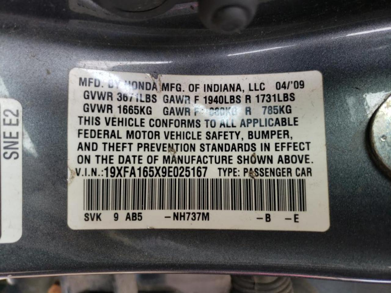 Photo 10 from auction – 2009 HONDA CIVIC LX with VIN 19XFA165X9E025167