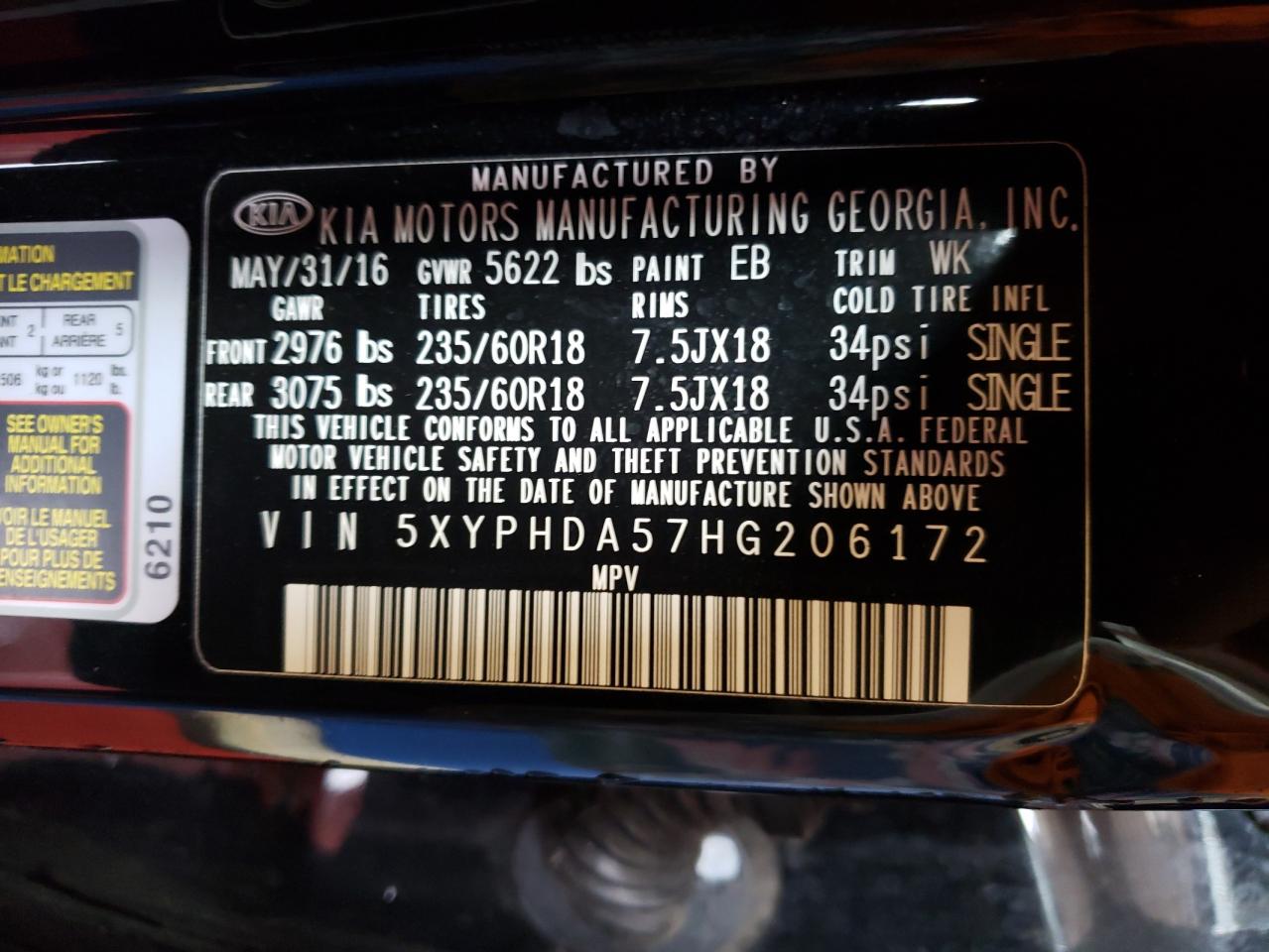 Photo 10 from auction – 2017 KIA SORENTO EX with VIN 5XYPHDA57HG206172
