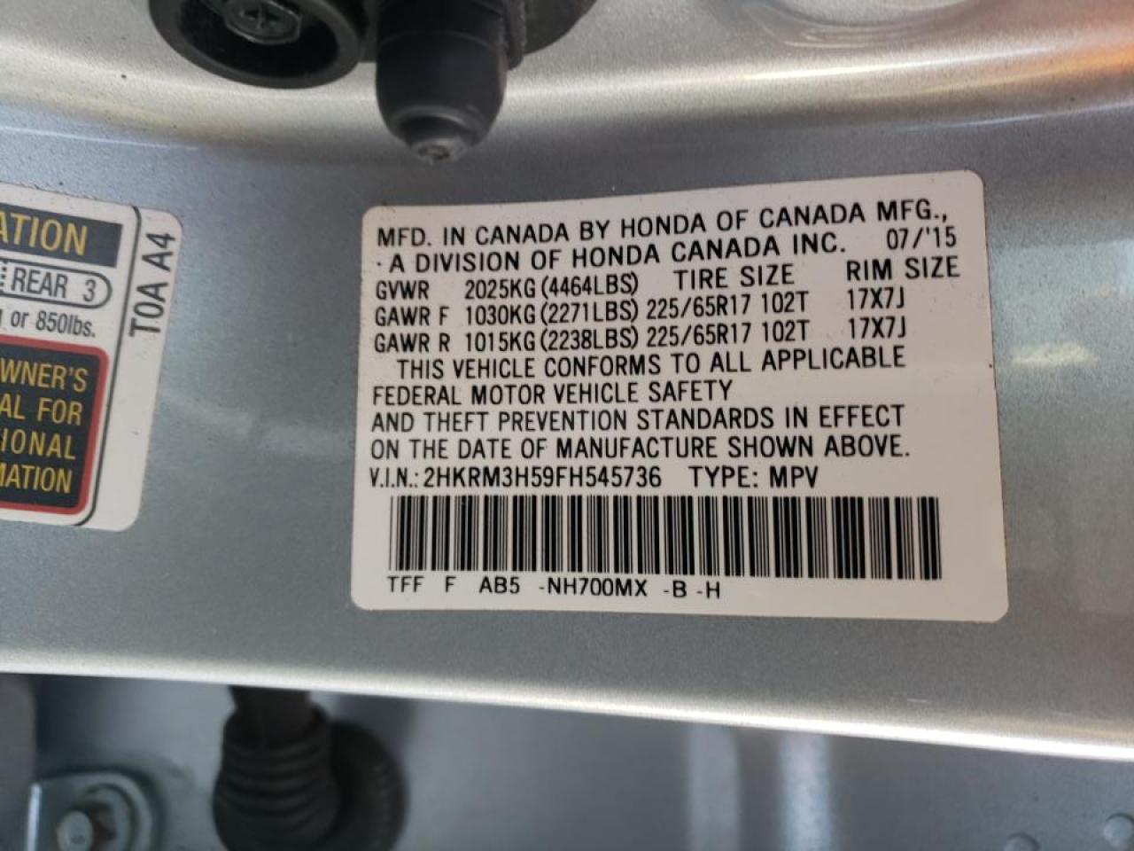 Photo 10 from auction – 2015 HONDA CR-V EX with VIN 2HKRM3H59FH545736