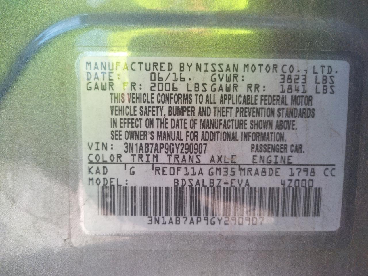 Photo 10 from auction – 2016 NISSAN SENTRA S with VIN 3N1AB7AP9GY290907