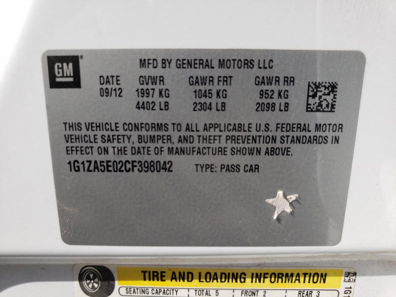 Photo 10 from auction – 2012 CHEVROLET MALIBU LS with VIN 1G1ZA5E02CF398042