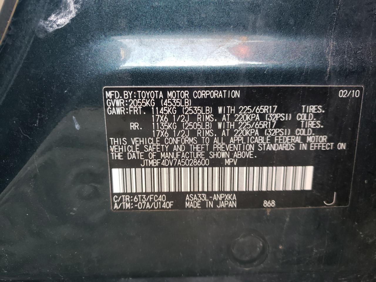Photo 10 from auction – 2010 TOYOTA RAV4 with VIN JTMBF4DV7A5028600