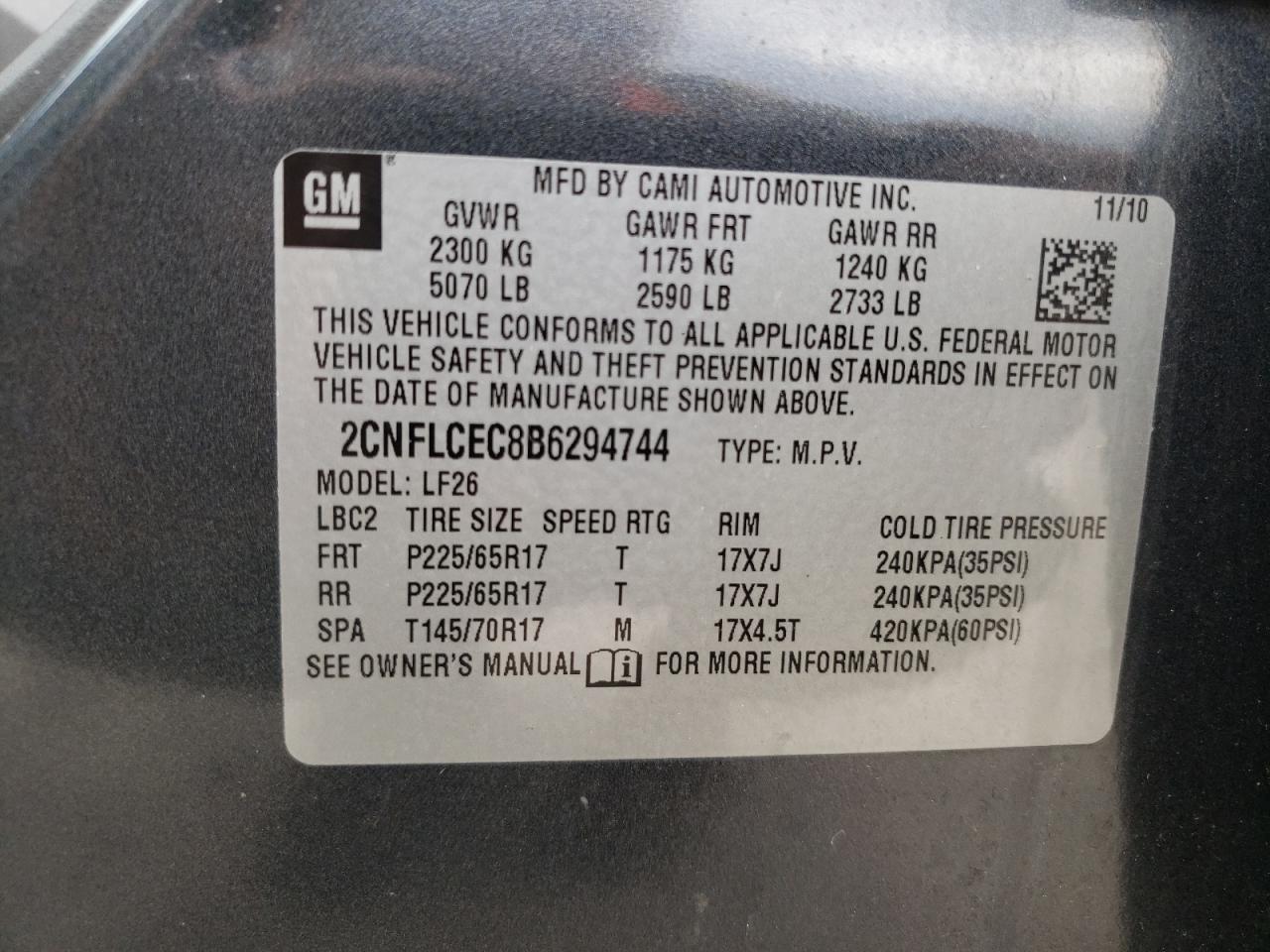 Photo 10 from auction – 2011 CHEVROLET EQUINOX LS with VIN 2CNFLCEC8B6294744